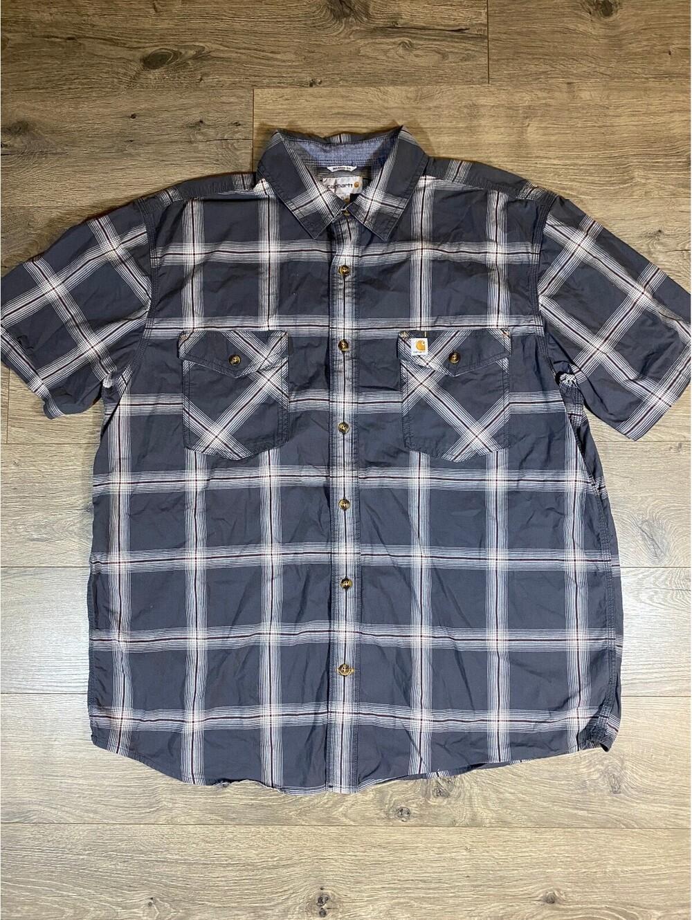 Carhartt Shirt Mens XL Gray Plaid Relaxed Fit Short Sleeve Work Button Up